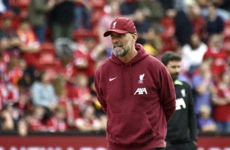 Liverpool's manager Jurgen Klopp prior to the Premier League soccer match between Liverpool and AFC Bournemouth at Anfield, in Liverpool, England, Saturday August 19, 2023. (AP Photo/Rui Vieira)