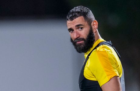 Al-Ittihad's Karim Benzema attends a training session at the Al Ittihad FC training in Jeddah, Saudi Arabia, Monday, Dec. 11, 2023. (AP Photo/Manu Fernandez)