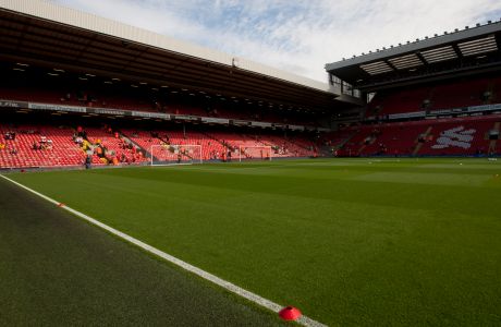 A general view of Liverpool's Anfield Stadium before their English Premier League soccer match against Manchester United at Anfield Stadium, Liverpool, England, Saturday Sept. 21, 2013. (AP Photo/Jon Super)    
