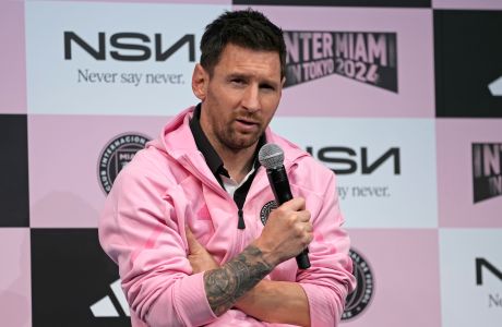 Inter Miami's Lionel Messi speaks during a press conference at a hotel, ahead of his team's friendly soccer match against Vissel Kobe in Tokyo, Tuesday, Feb. 6, 2024. (AP Photo/Shuji Kajiyama)
