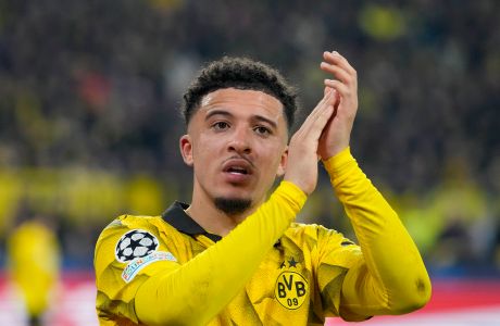 Dortmund's Jadon Sancho leaves the pitch after being substituted during the Champions League round of 16 second leg soccer match between Borussia Dortmund and PSV Eindhoven at the Signal Iduna Park in Dortmund, Germany, Wednesday, March 13, 2024. (AP Photo/Martin Meissner)