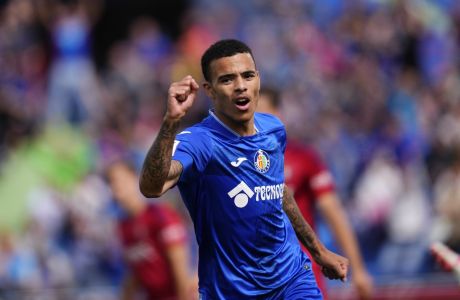 FILE - Getafe's Mason Greenwood reacts after coming on late as substitute to make his debut during a Spanish La Liga soccer match between Getafe and Osasuna at the Coliseum stadium in Getafe, Spain, Sunday, Sept. 17, 2023. The Spanish league says that it will look into a complaint filed by Getafe that Real Madrid player Jude Bellingham allegedly called Getafe forward Mason Greenwood a rapist during a game. The incident allegedly occurred during Madrids 2-0 win at Getafe on Thursday, Feb. 1, 2024. (AP Photo/Jose Breton, File)