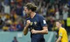 France's Adrien Rabiot celebrates after scoring his side's opening goal during the World Cup group D soccer match between France and Australia, at the Al Janoub Stadium in Al Wakrah, Qatar, Tuesday, Nov. 22, 2022. (AP Photo/Francisco Seco)