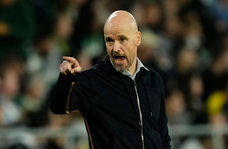 Manchester United's head coach Erik ten Hag gestures during the Europa League round of 16 second leg soccer match between Real Betis and Manchester United at the Benito Villamarin stadium in Seville, Spain, Thursday, March 16, 2023. (AP Photo/Jose Breton)
