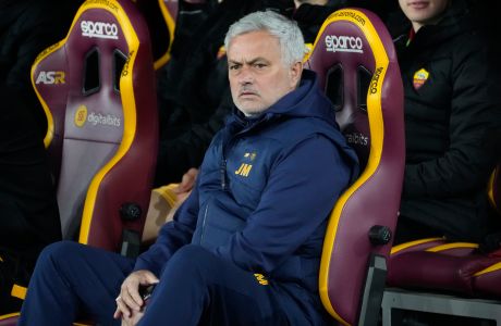 Roma's head coach Jose Mourinho waits for the start of the Serie A soccer match between Roma and Udinese at Rome's Olympic Stadium, Sunday, April 16, 2023. (AP Photo/Andrew Medichini)