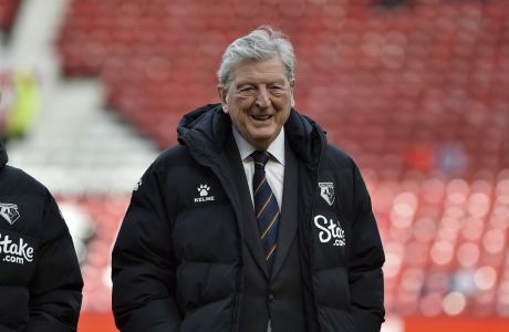 Watford's head coach Roy Hodgson takes a walk on the pitch before the English Premier League soccer match between Manchester United and Watford at Old Trafford in Manchester, England, Saturday, Feb. 26, 2022. (AP Photo/Rui Vieira)