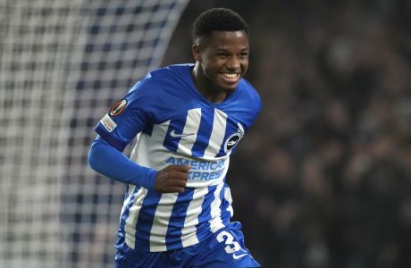 Brighton's Ansu Fati celebrates scoring his sides second goal during the Europa League Group B soccer match between Brighton and Hove Albion and Ajax at the Amex stadium in Brighton, England, Thursday, Oct. 26, 2023. (AP Photo/Frank Augstein)