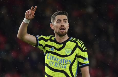 Arsenal's Jorginho during the English Premier League soccer match between Sheffield United and Arsenal at Bramall Lane in Sheffield, England, Monday, March 4, 2024. (AP Photo/Rui Vieira)