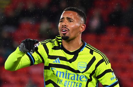 Arsenal's Gabriel Jesus during the English Premier League soccer match between Sheffield United and Arsenal at Bramall Lane in Sheffield, England, Monday, March 4, 2024. (AP Photo/Rui Vieira)