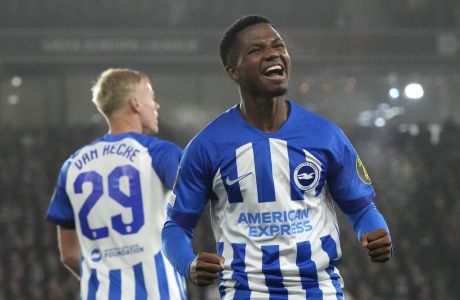 Brighton's Ansu Fati, right, celebrates scoring his sides second goal during the Europa League Group B soccer match between Brighton and Hove Albion and Ajax at the Amex stadium in Brighton, England, Thursday, Oct. 26, 2023. (AP Photo/Frank Augstein)