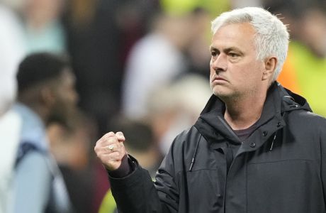 Roma's head coach Jose Mourinho celebrates after the Europa League semifinal second leg soccer match between Bayer Leverkusen and Roma at the BayArena in Leverkusen, Germany, Thursday, May 18, 2023.(AP Photo/Martin Meissner)