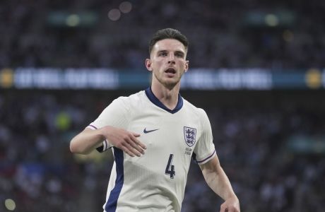 England's Declan Rice during the International friendly soccer match between England and Iceland at Wembley stadium in London, Friday, June 7, 2024.(AP Photo/Kin Cheung)