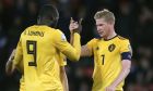 Belgium's Kevin De Bruyne, right, celebrates with with Belgium's Romelu Lukaku after scoring his sides fourth goal during the Euro 2020 group I qualifying soccer match between Scotland and Belgium at Hampden Park stadium in Glasgow, Monday, Sept. 9, 2019. (AP Photo/Scott Heppell)