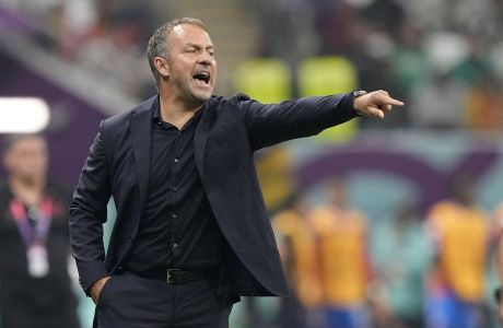 Germany's head coach Hansi Flick reacts during the World Cup group E soccer match between Costa Rica and Germany at the Al Bayt Stadium in Al Khor , Qatar, Thursday, Dec. 1, 2022. (AP Photo/Martin Meissner)