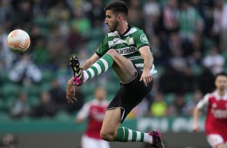 Sporting's Goncalo Inacio controls the ball during the Europa League round of 16, first leg, soccer match between Sporting CP and Arsenal at the Alvalade stadium in Lisbon, Thursday, March 9, 2023. (AP Photo/Armando Franca)