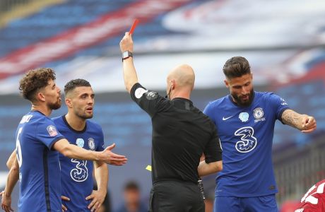 Chelsea's Mateo Kovacic gets a red card during the FA Cup final soccer match between Arsenal and Chelsea at Wembley stadium in London, England, Saturday, Aug.1, 2020. (Catherine Ivill/Pool via AP)