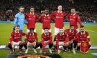 Manchester United team players pose prior to the start of the Europa League playoff second leg soccer match between Manchester United and Barcelona at Old Trafford stadium in Manchester, England, Thursday, Feb. 23, 2023. (AP Photo/Dave Thompson)