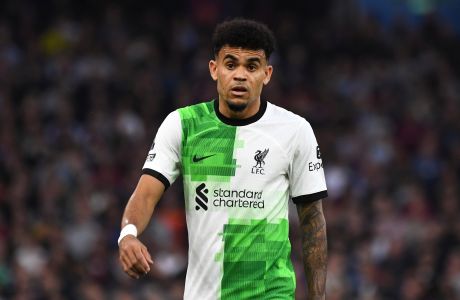 Liverpool's Luis Diaz during the English Premier League soccer match between Aston Villa and Liverpool at Villa Park in Birmingham, England, Monday, May 13, 2024. (AP Photo/Rui Vieira)