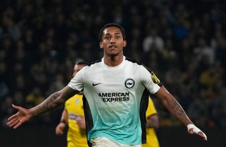 Brighton's Joao Pedro celebrates after scoring his side's opening goal during the Europa League group B soccer match between AEK Athens and Brighton at the OPAP Arena, in Athens, Greece, Thursday, Nov. 30, 2023. (AP Photo/Thanassis Stavrakis)