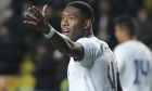 Real Madrid's David Alaba reacts during the Champions League, group D soccer match between Sheriff Tiraspol and Real Madrid in Tiraspol, the capital of the breakaway region of Transnistria, a disputed territory unrecognized by the international community, in Moldova, Wednesday, Nov. 24, 2021. (AP Photo/Sergei Grits)