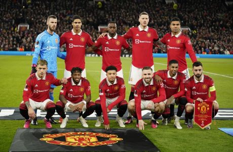 Manchester United team players pose prior to the start of the Europa League playoff second leg soccer match between Manchester United and Barcelona at Old Trafford stadium in Manchester, England, Thursday, Feb. 23, 2023. (AP Photo/Dave Thompson)