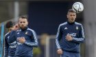 Argentina's Martin Demichelis, right, and Nicolas Otamendi attend a training session in Buenos Aires, Argentina, Monday, Oct. 5, 2015. Argentina will face Ecuador for a 2018 World Cup Russia qualifier soccer match in Buenos Aires on October 8. (AP Photo/Natacha Pisarenko)