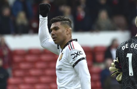 Manchester United's Casemiro reacts during the English Premier League soccer match between Nottingham Forest and Manchester United at City ground in Nottingham, England, Sunday, April 16, 2023. (AP Photo/Rui Vieira)