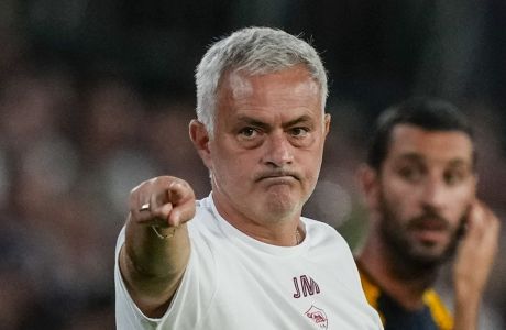 Roma's head coach Jose Mourinho gestures during a Group C Europa League soccer match between Betis and Roma at the Benito Villamarin stadium in Seville, Spain, Thursday, Oct. 13, 2022. (AP Photo/Jose Breton)