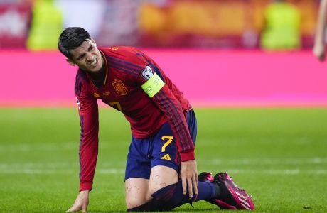 Spain's Alvaro Morata reacts during the Euro 2024 group A qualifying soccer match between Spain and Norway at La Rosaleda stadium in Malaga, Spain, Saturday, March 25, 2023. (AP Photo/Manu Fernandez)