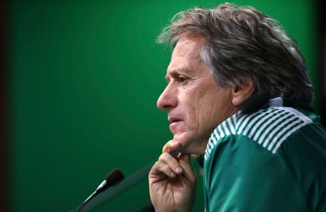 Sporting's head coach Jorge Jesus listens to questions during a news conference at the Alvalade stadium in Lisbon, Monday, Nov. 21, 2016. Real Madrid will face Sporting CP on Tuesday in a Champions League, Group F soccer match. (AP Photo/Armando Franca)