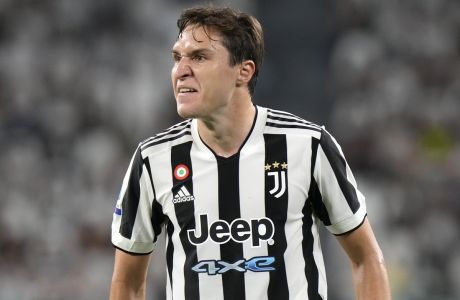 Juventus' Federico Chiesa during a Serie A soccer match between Juventus and Empoli, at the Allianz stadium in Turin, Italy, Saturday, Aug. 28, 2021. (AP Photo/Luca Bruno)