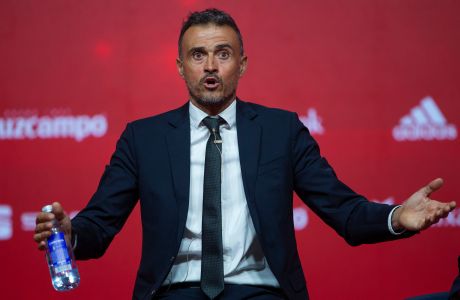 FILE - In this July 19, 2018 file photo, Spain's national soccer coach Luis Enrique talks to journalists during his official presentation as Spain new head coach in Las Rozas on the outskirts of Madrid, Spain. Luis Enrique is stepping down as coach for the Spanish national team for personal reasons it was announced by Spanish soccer federation president Luis Rubiales on Wednesday June 19, 2019. Assistant coach Robert Moreno will take over. (AP Photo/Francisco Seco, File)