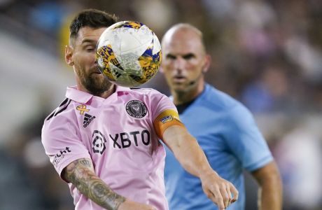 Inter Miami forward Lionel Messi heads the ball during the second half of an MLS soccer match against Los Angeles FC, Sunday, Sept. 3, 2023, in Los Angeles. (AP Photo/Ryan Sun)