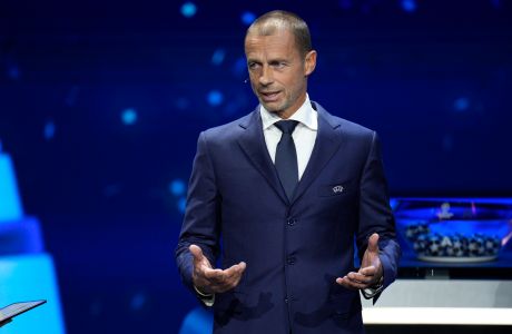 UEFA President Aleksander Ceferin speaks during the 2023/24 UEFA Champions League group stage draw at the Grimaldi Forum in Monaco, Thursday, Aug. 31, 2023. (AP Photo/Daniel Cole)