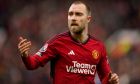 Manchester United's Christian Eriksen gestures during the English Premier League soccer match between Manchester United and Fulham at Old Trafford stadium in Manchester, Saturday, Feb. 24, 2024.(AP Photo/Dave Thompson)