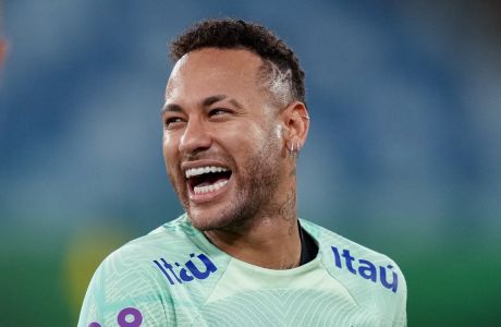 Brazil's Neymar laughs during a training session in Cuiaba, Brazil, Wednesday, Oct. 11, 2023. Brazil will face Venezuela in a World Cup 2026 qualifying soccer match on Thursday. (AP Photo/Andre Penner)