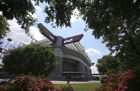 A view of  the San Siro stadium, in Milan, Italy, Monday, May 16, 2016. The Champions League final between Real Madrid and Atletico Madrid will be held at the legendary soccer stadium of AC and Inter Milan, on Saturday, May 28, 2016. (AP Photo/Luca Bruno)