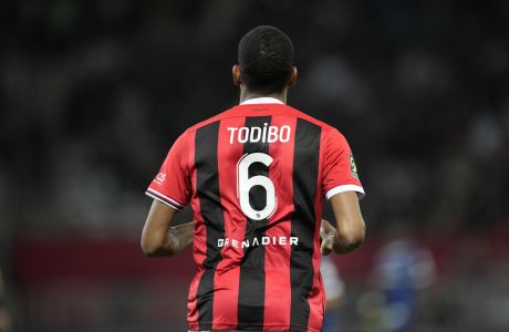 Nice's Jean-Clair Todibo during the French League One soccer match between Nice and Marseille at the Allianz Riviera stadium in Nice, France, Saturday, Oct. 21, 2023. (AP Photo/Daniel Cole)