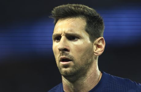 PSG's Lionel Messi during the French League One soccer match between Paris Saint-Germain and Monaco at the Parc des Princes in Paris, France, Sunday, Aug. 28, 2022. (AP Photo/Aurelien Morissard)